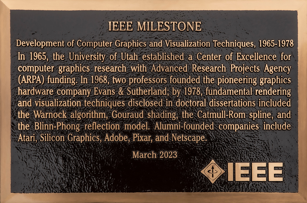 IEEE Milestone dedication plaque celebrating the Utah graphics pioneers presented from IEEE to Pres. Taylor R. Randall, Richard Brown, and Mary Hall of the Univ. of Utah