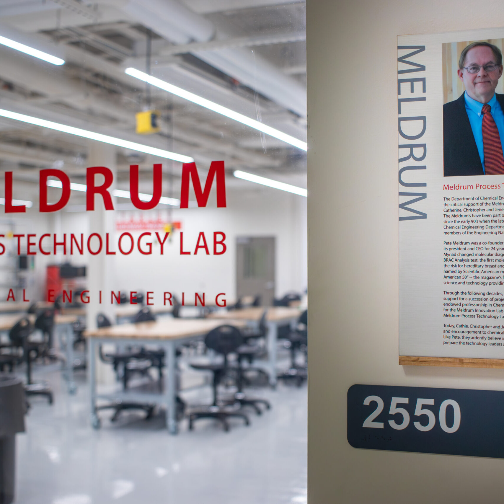 Looking through the glass door of the Meldrum Process Lab