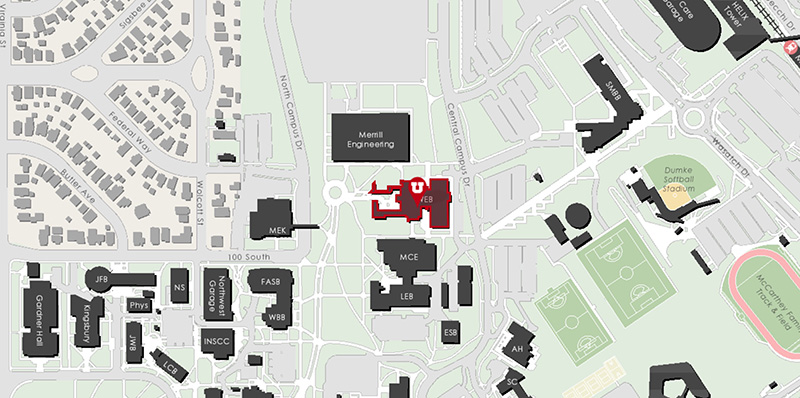Warnock Building centered on campus map