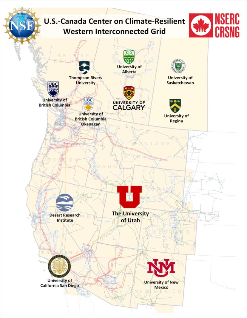 A map showing the Western Interconnection power grid and the 11 academic partners involved in the WesReGrid Center