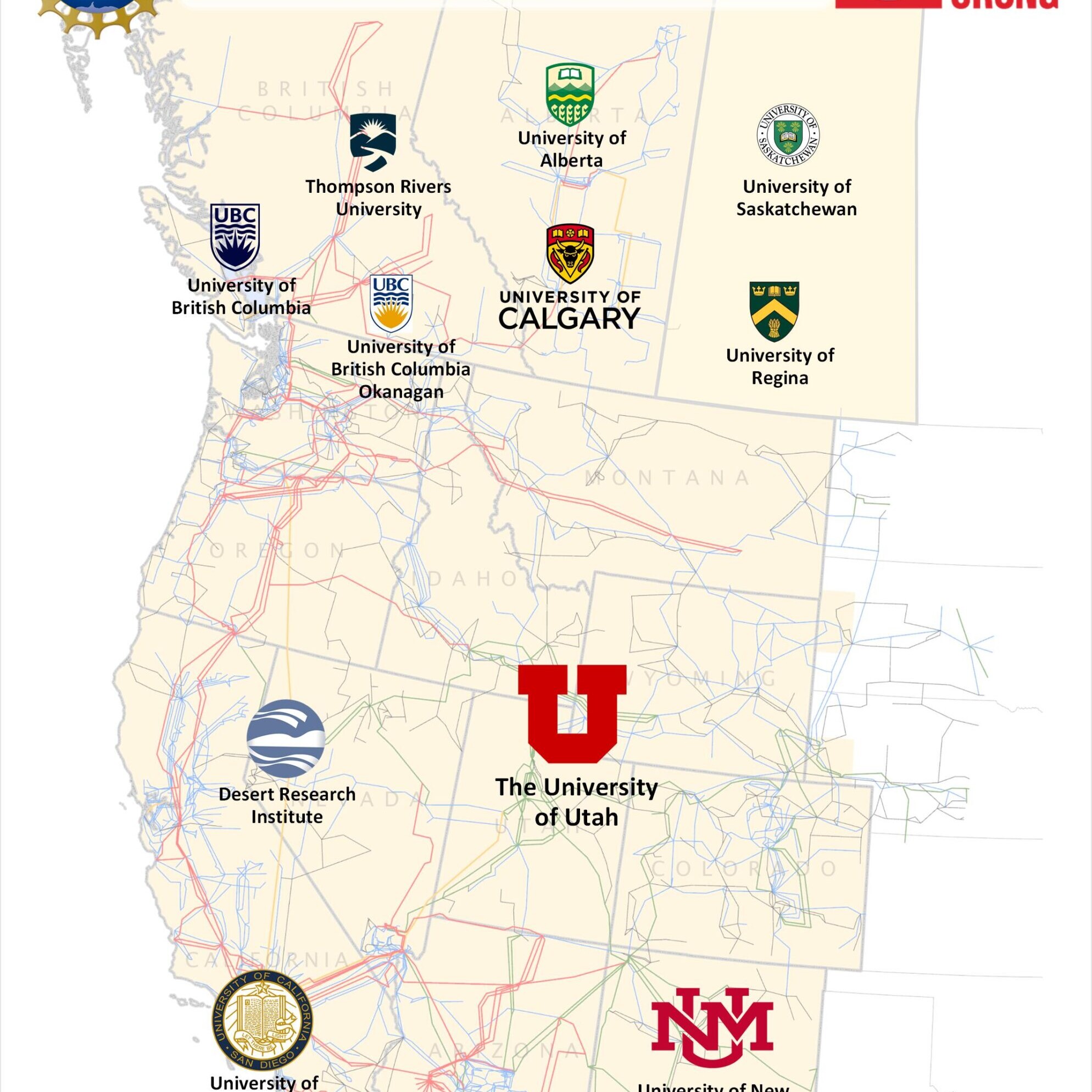 A map showing the Western Interconnection power grid and the 11 academic partners involved in the WesReGrid Center