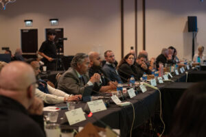 A panel of experts sits at a dais.