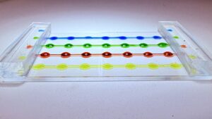 A plastic chip with four colorful lines of dots stretching across it